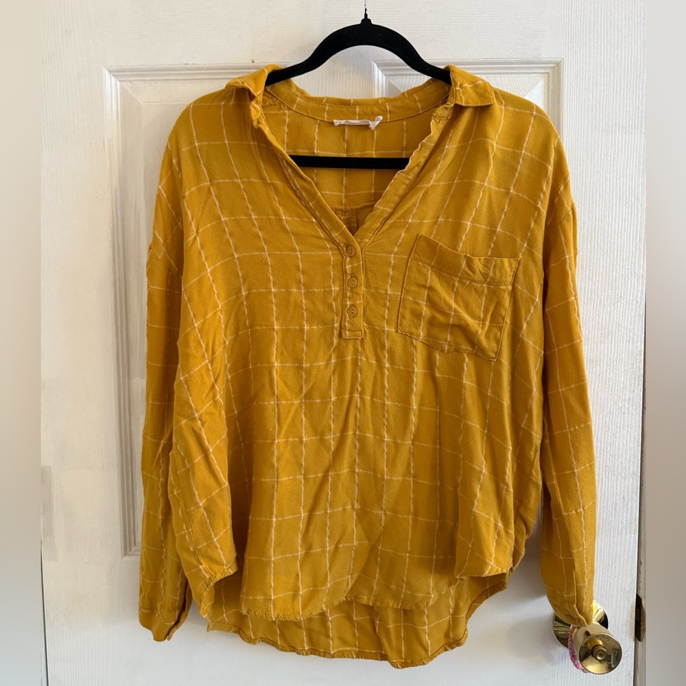 Lush Mustard Checkered Half Button-up Shirt